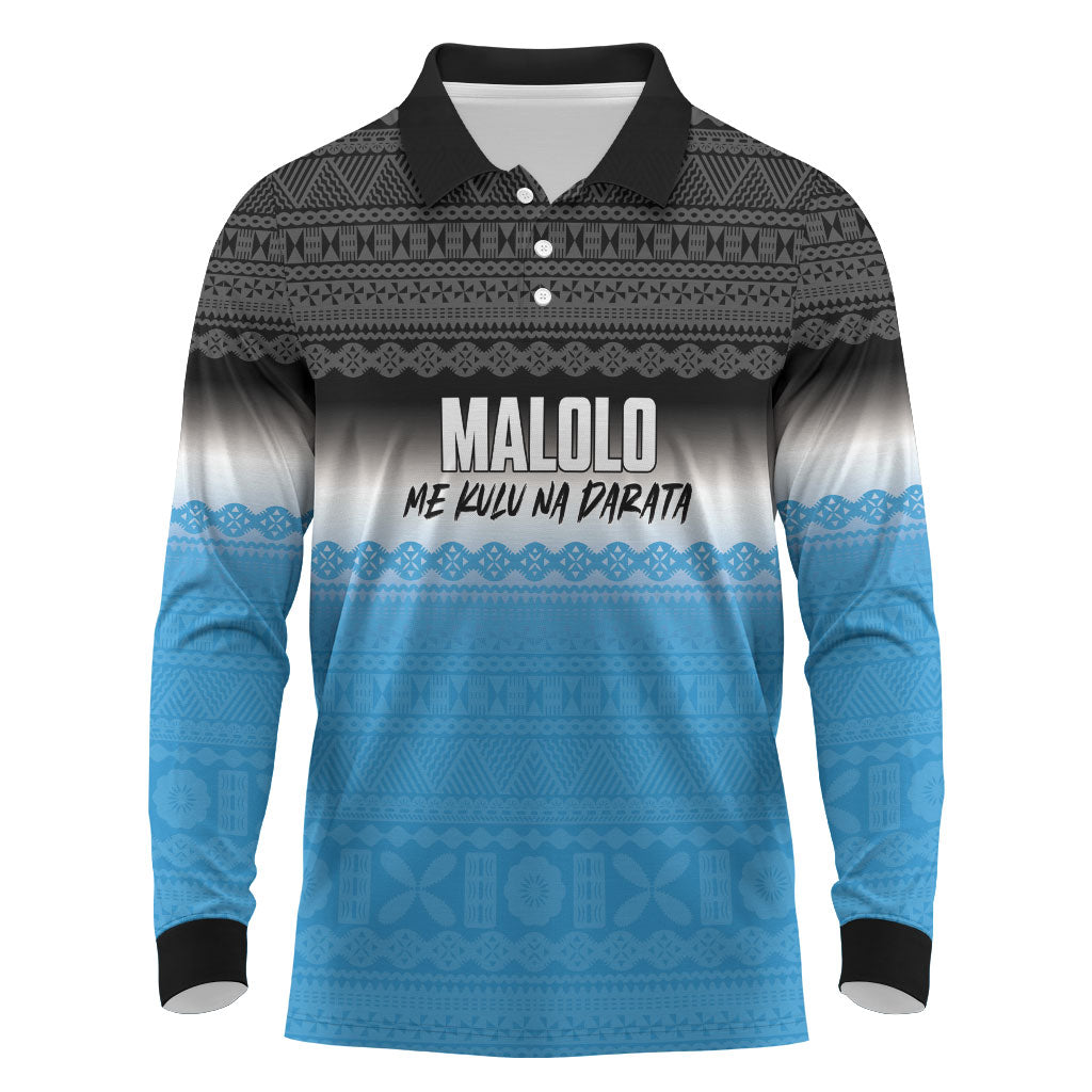 Malolo Fiji 2026 Rugby Personalised Long Sleeve Polo Shirt Me Kulu Na Darata Fijian Tapa Pattern LT14 Blue - Polynesian Pride