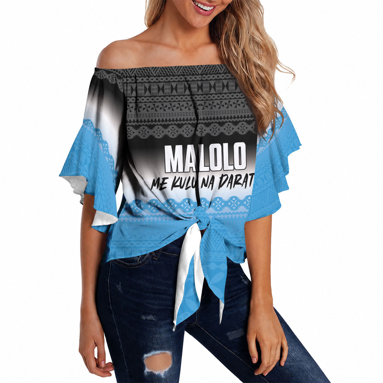 Malolo Fiji 2026 Rugby Personalised Off Shoulder Wrap Waist Top Me Kulu Na Darata Fijian Tapa Pattern LT14 Blue - Polynesian Pride