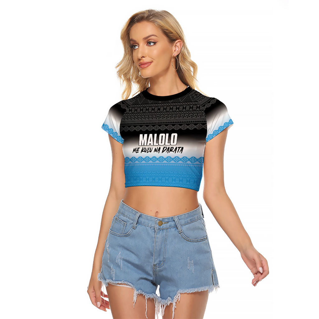 Malolo Fiji 2026 Rugby Personalised Raglan Cropped T Shirt Me Kulu Na Darata Fijian Tapa Pattern LT14 Female Blue - Polynesian Pride