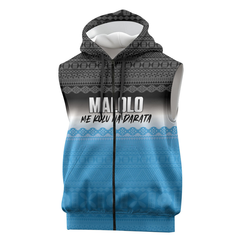Malolo Fiji 2026 Rugby Personalised Sleeveless Zip Hoodie Me Kulu Na Darata Fijian Tapa Pattern LT14 Blue - Polynesian Pride