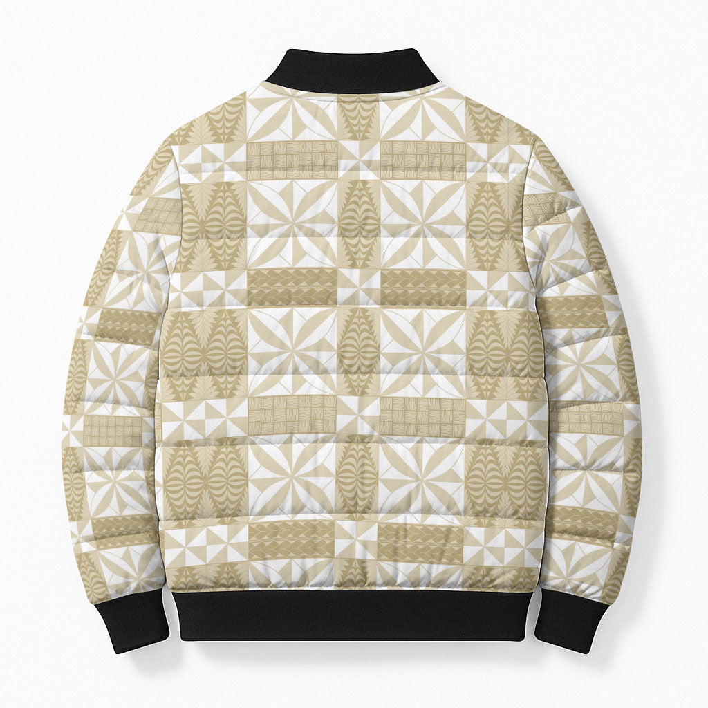 Beige Ngatu Pattern Malo e Lelei Tonga Bomber Puffer Jacket