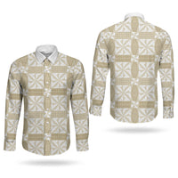 Beige Ngatu Pattern Malo e Lelei Tonga Couples Matching Off Shoulder Maxi Dress and Long Sleeve Button Shirt