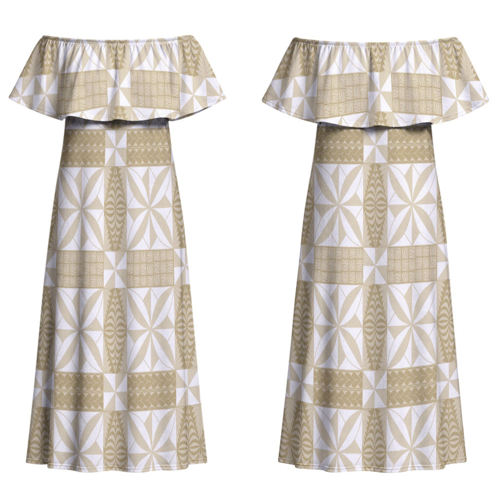 Beige Ngatu Pattern Malo e Lelei Tonga Couples Matching Off Shoulder Maxi Dress and Long Sleeve Button Shirt