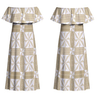 Beige Ngatu Pattern Malo e Lelei Tonga Couples Matching Off Shoulder Maxi Dress and Long Sleeve Button Shirt