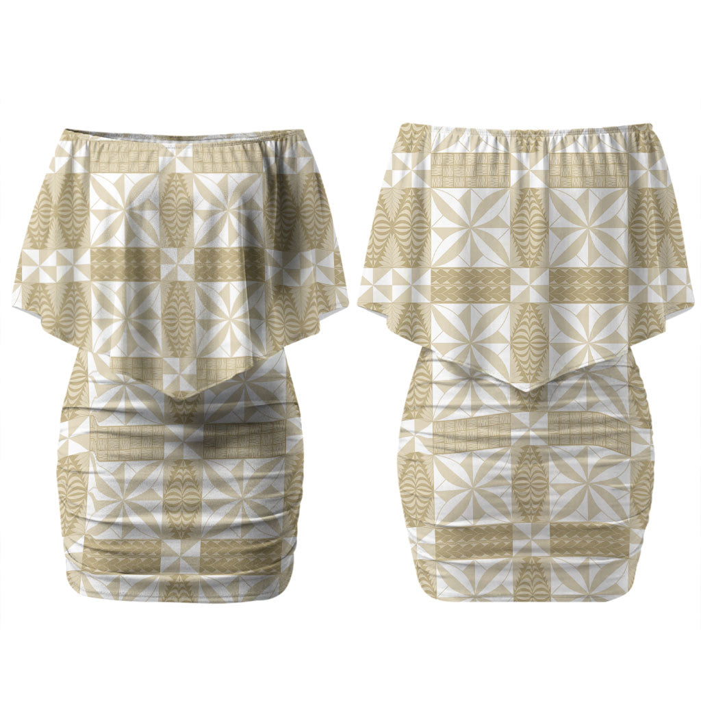 Beige Ngatu Pattern Malo e Lelei Tonga Couples Matching Off Shoulder Short Dress and Long Sleeve Button Shirt