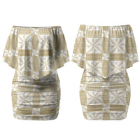 Beige Ngatu Pattern Malo e Lelei Tonga Couples Matching Off Shoulder Short Dress and Long Sleeve Button Shirt
