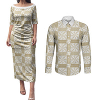 Beige Ngatu Pattern Malo e Lelei Tonga Couples Matching Puletasi and Long Sleeve Button Shirt