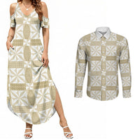 Beige Ngatu Pattern Malo e Lelei Tonga Couples Matching Summer Maxi Dress and Long Sleeve Button Shirt