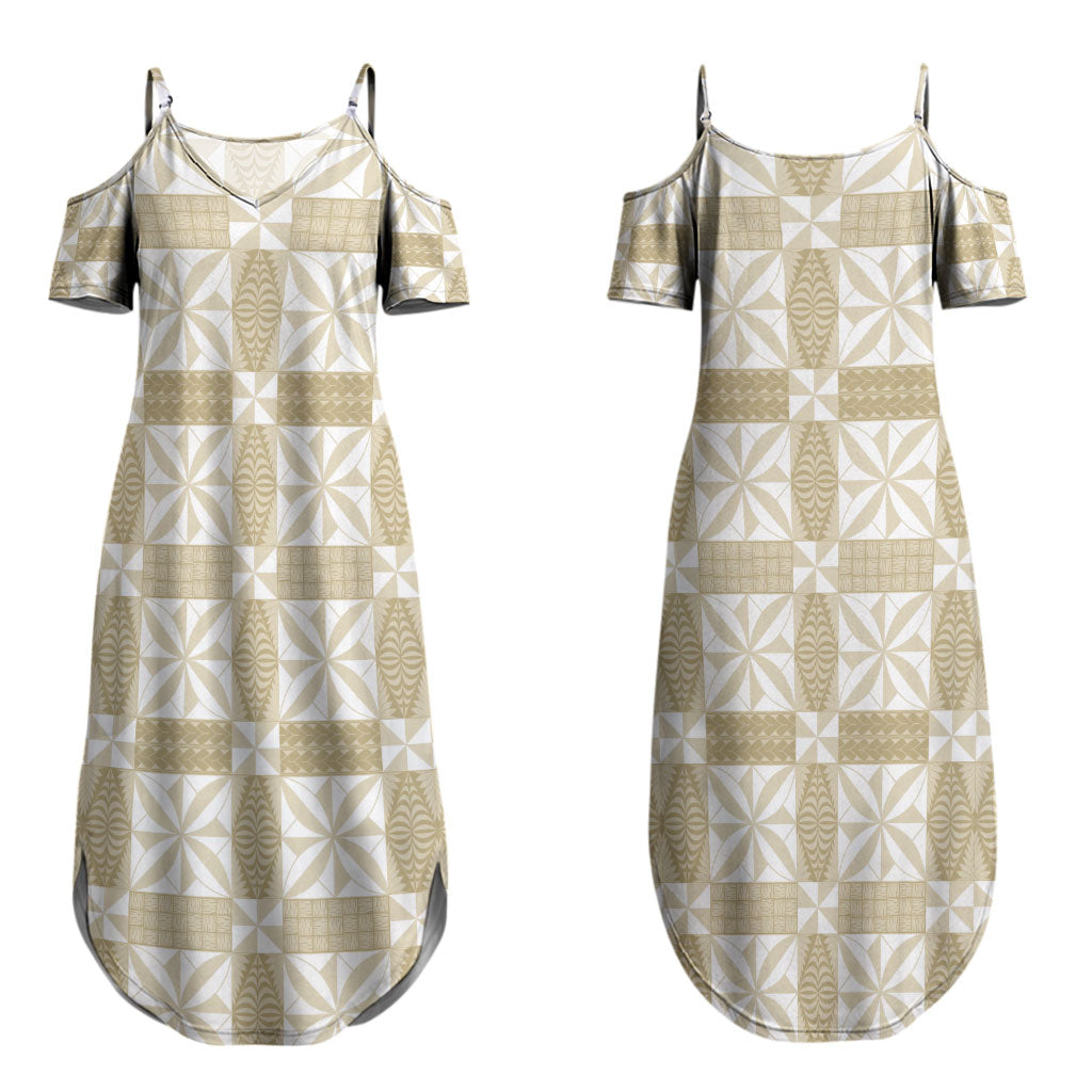 Beige Ngatu Pattern Malo e Lelei Tonga Couples Matching Summer Maxi Dress and Long Sleeve Button Shirt