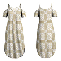Beige Ngatu Pattern Malo e Lelei Tonga Couples Matching Summer Maxi Dress and Long Sleeve Button Shirt