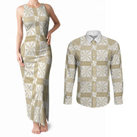 Beige Ngatu Pattern Malo e Lelei Tonga Couples Matching Tank Maxi Dress and Long Sleeve Button Shirt