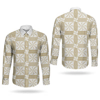 Beige Ngatu Pattern Malo e Lelei Tonga Couples Matching Tank Maxi Dress and Long Sleeve Button Shirt