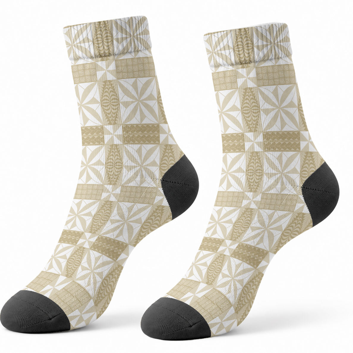 Beige Ngatu Pattern Malo e Lelei Tonga Crew Socks