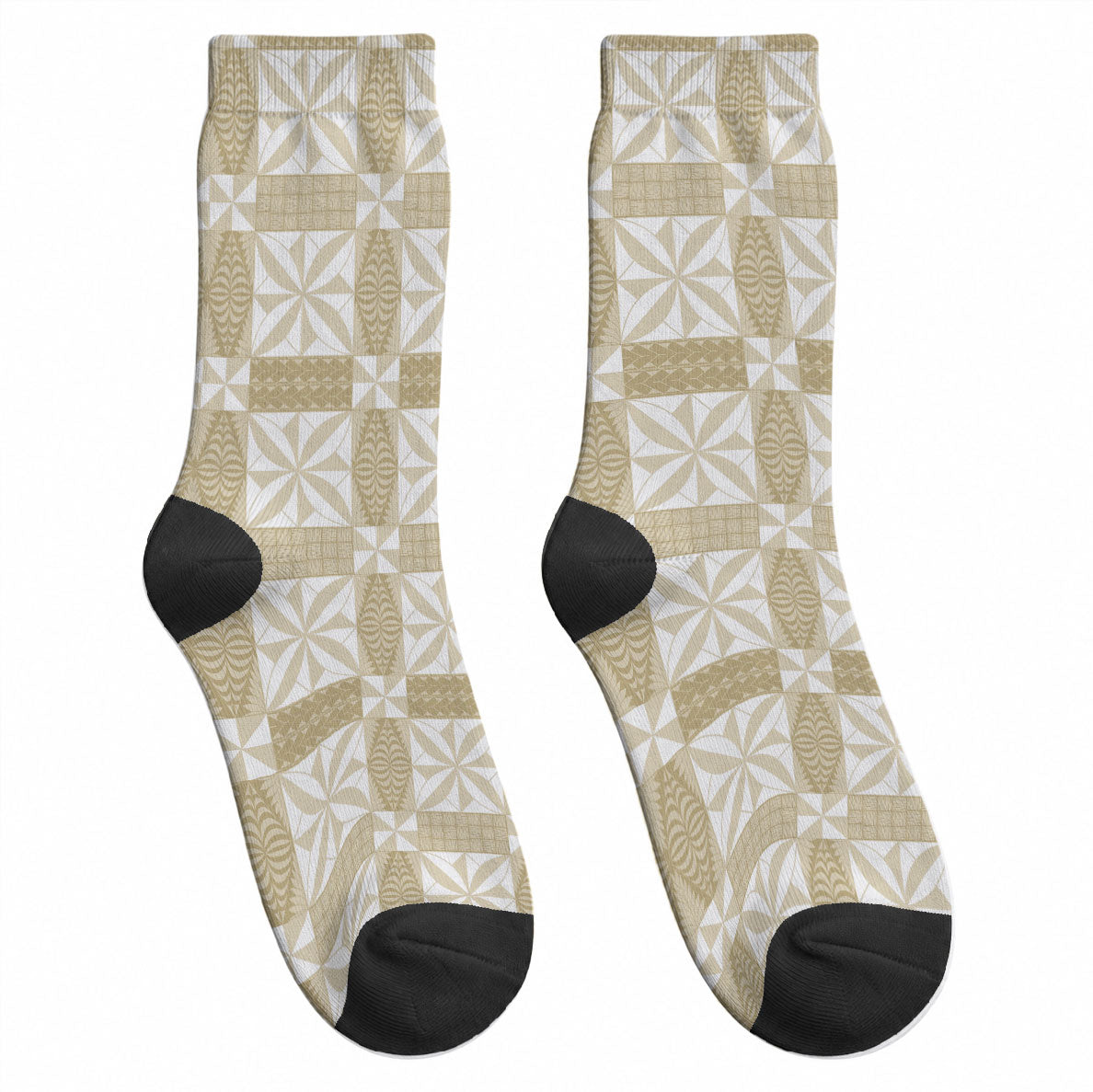 Beige Ngatu Pattern Malo e Lelei Tonga Crew Socks