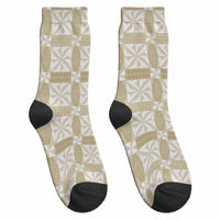 Beige Ngatu Pattern Malo e Lelei Tonga Crew Socks