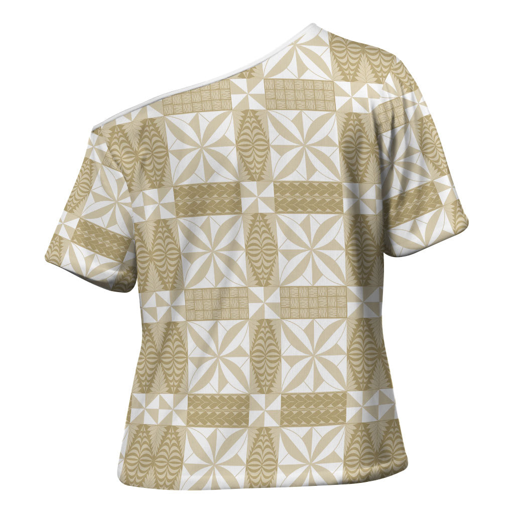 Beige Ngatu Pattern Malo e Lelei Tonga Cross Shoulder Shirt