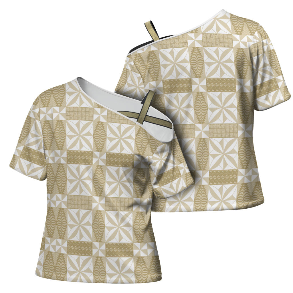 Beige Ngatu Pattern Malo e Lelei Tonga Cross Shoulder Shirt