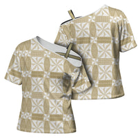 Beige Ngatu Pattern Malo e Lelei Tonga Cross Shoulder Shirt