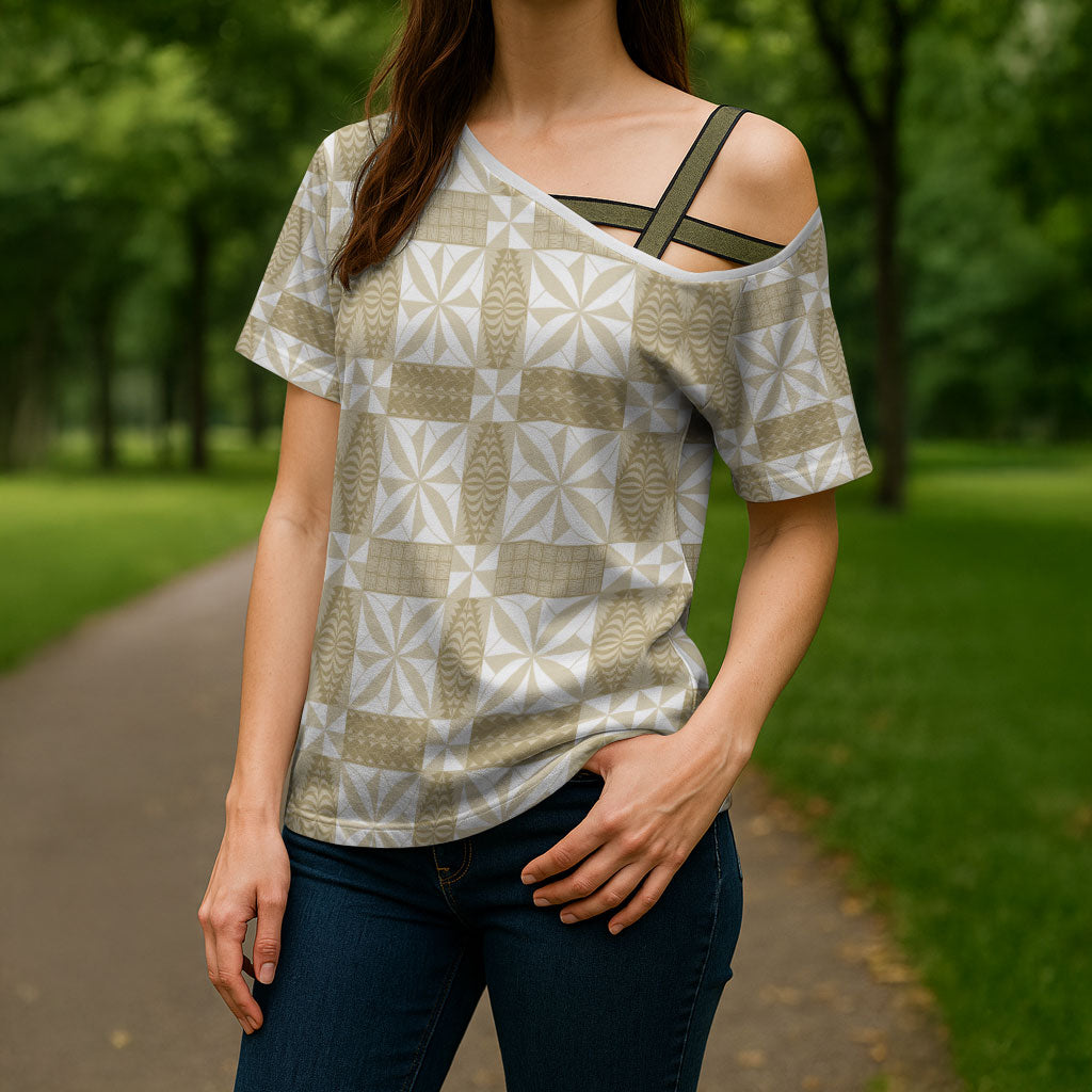 Beige Ngatu Pattern Malo e Lelei Tonga Cross Shoulder Shirt