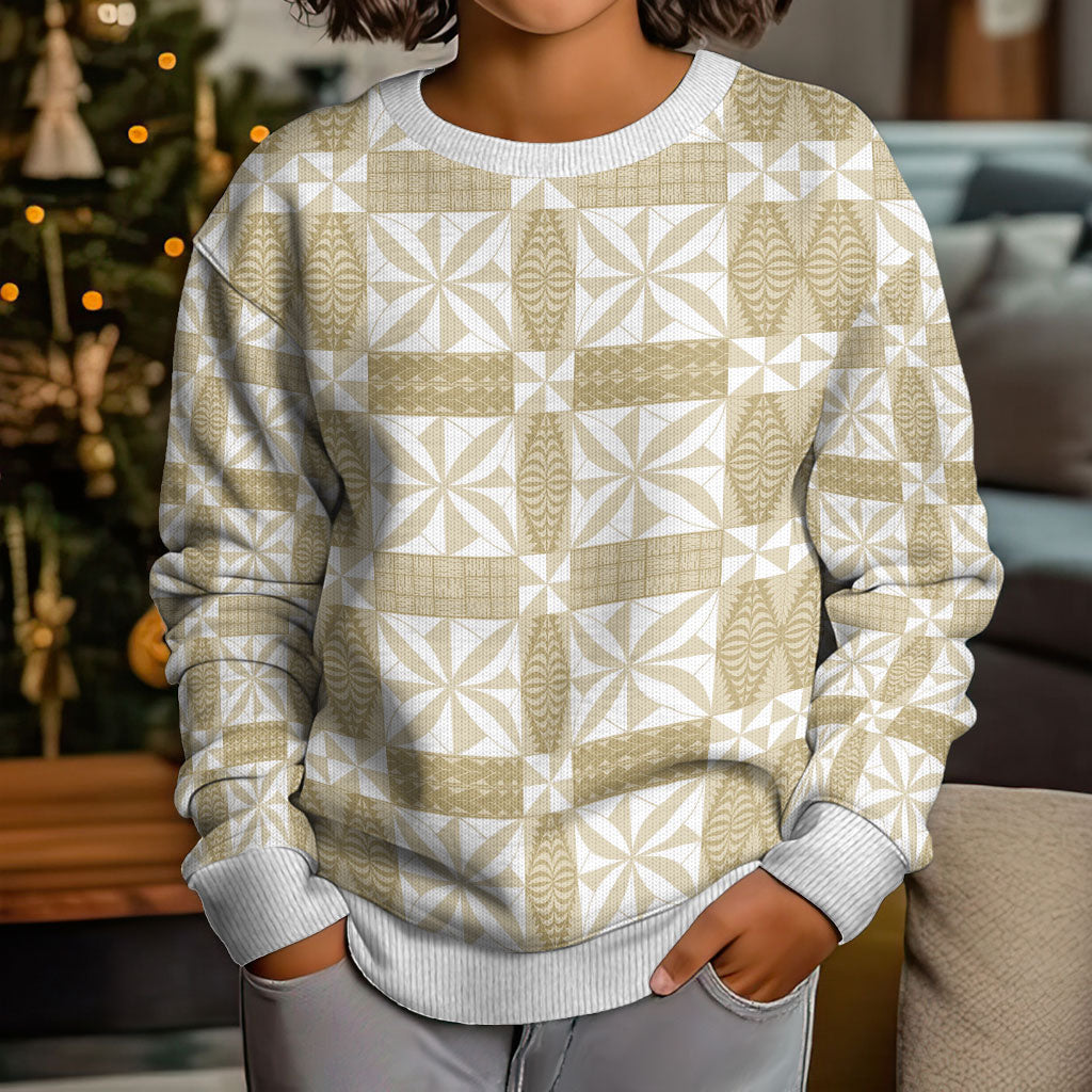 Beige Ngatu Pattern Malo e Lelei Tonga Kid Ugly Christmas Sweater