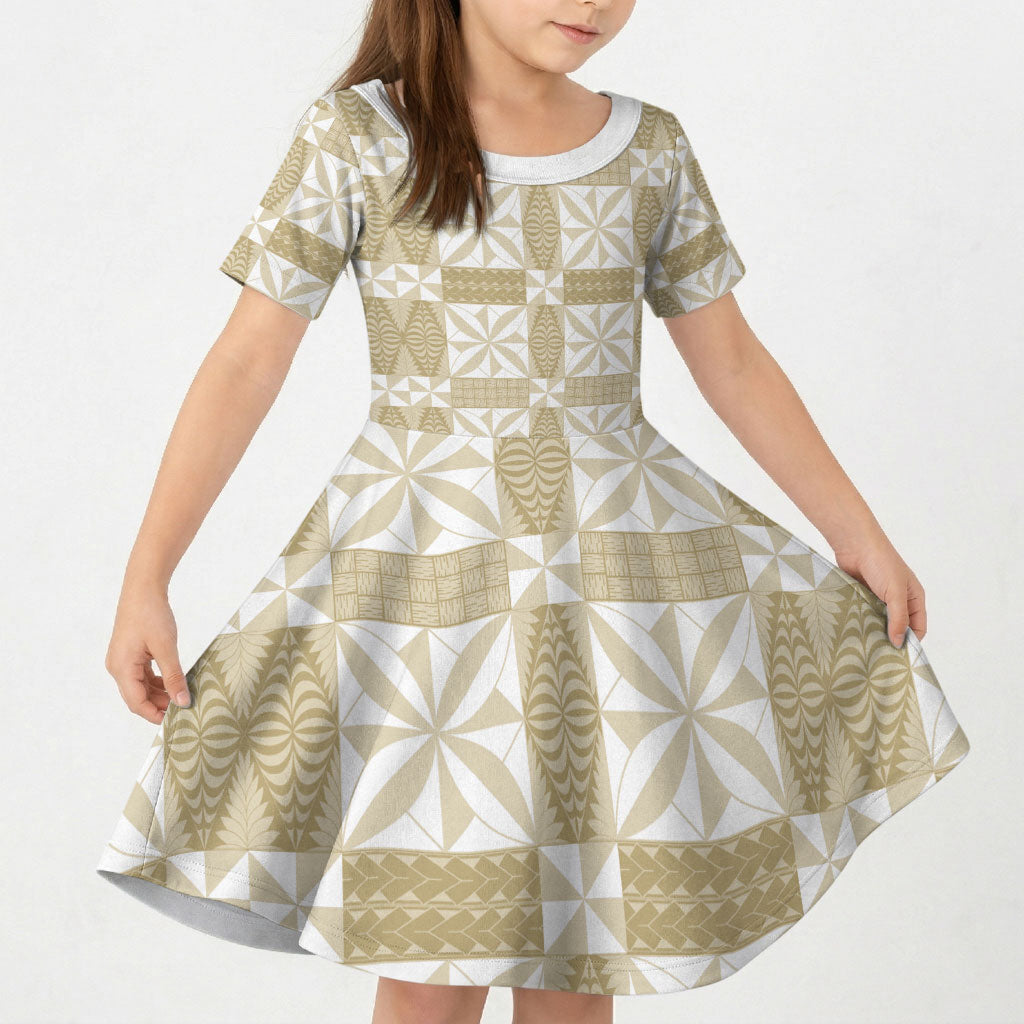 Beige Ngatu Pattern Malo e Lelei Tonga Kid Short Sleeve Dress