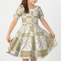 Beige Ngatu Pattern Malo e Lelei Tonga Kid Short Sleeve Dress