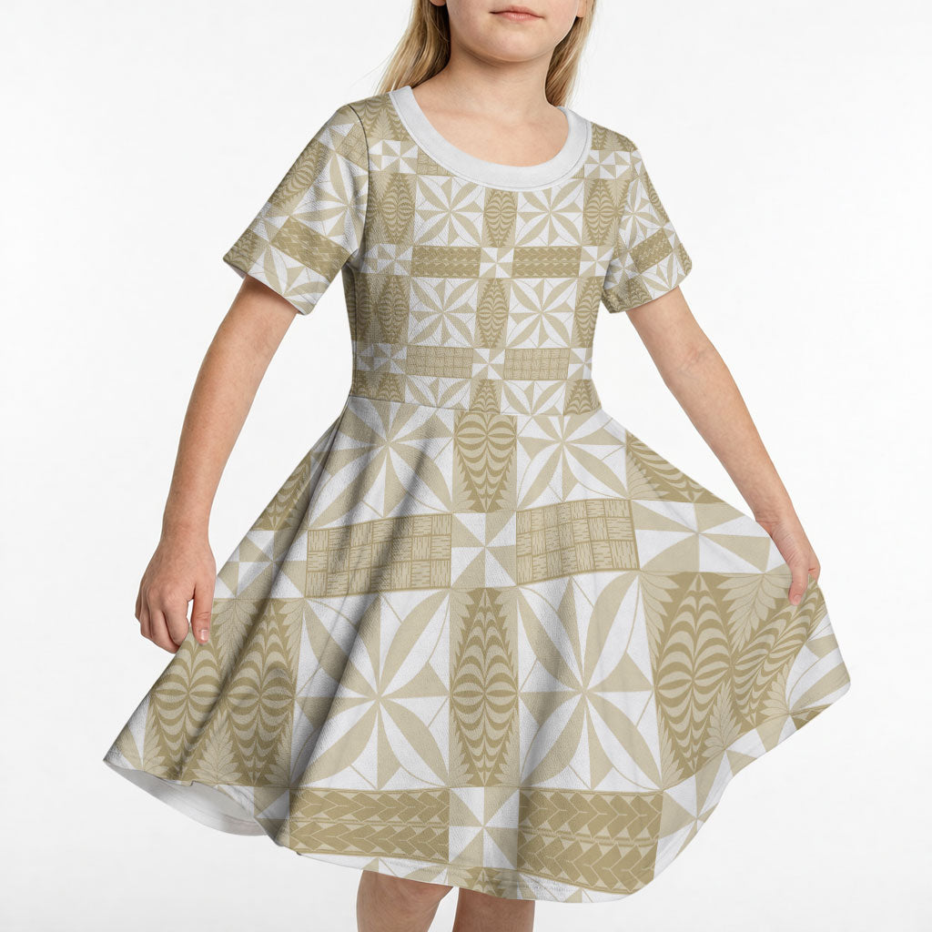 Beige Ngatu Pattern Malo e Lelei Tonga Kid Short Sleeve Dress