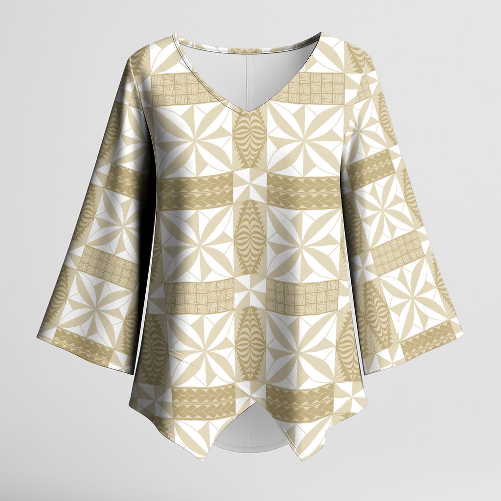 Beige Ngatu Pattern Malo e Lelei Tonga Kimono Sleeve Blouse