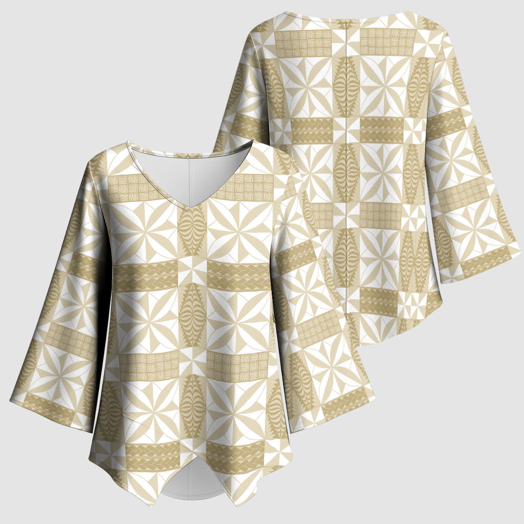 Beige Ngatu Pattern Malo e Lelei Tonga Kimono Sleeve Blouse