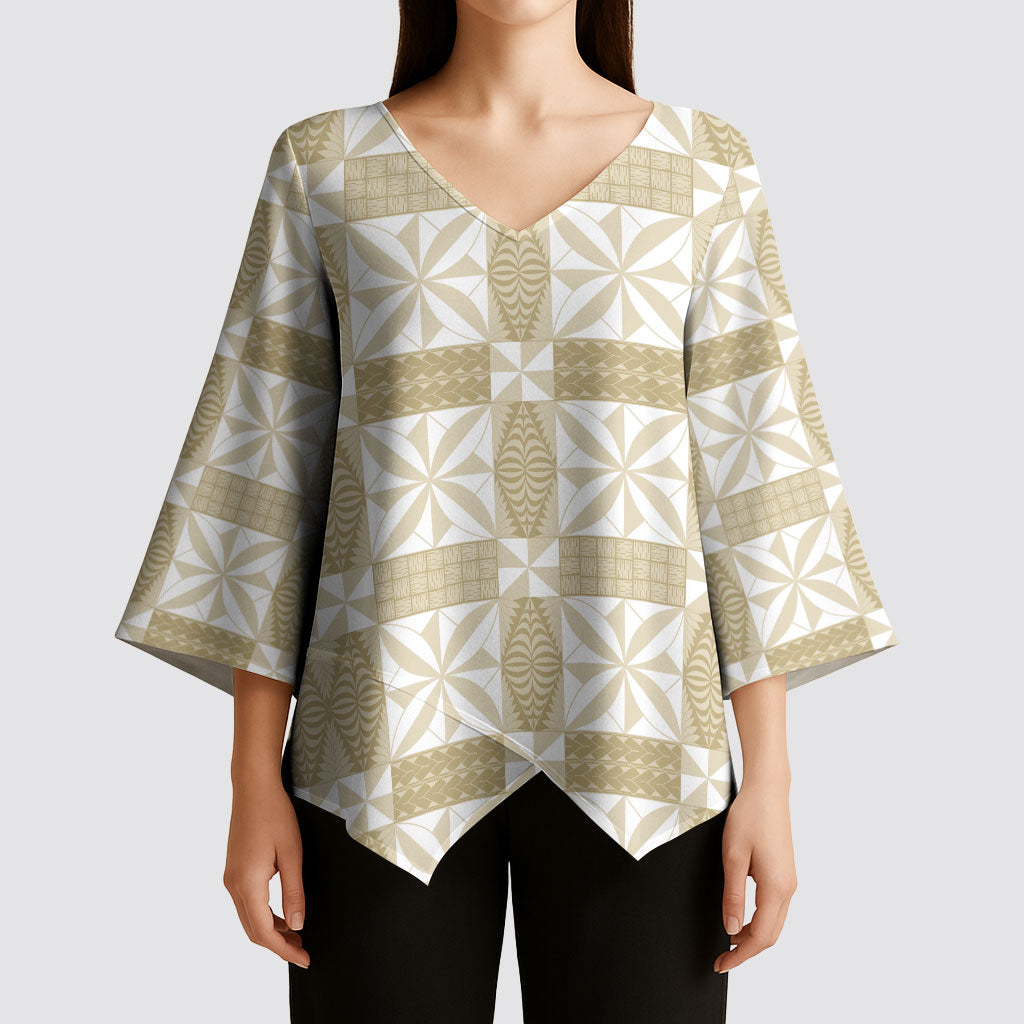 Beige Ngatu Pattern Malo e Lelei Tonga Kimono Sleeve Blouse