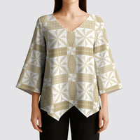 Beige Ngatu Pattern Malo e Lelei Tonga Kimono Sleeve Blouse
