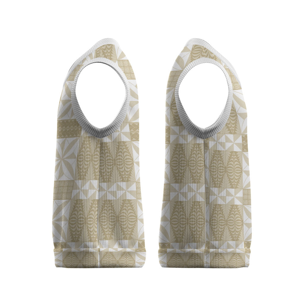 Beige Ngatu Pattern Malo e Lelei Tonga Christmas Knitted V-Neck Vest