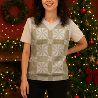 Beige Ngatu Pattern Malo e Lelei Tonga Christmas Knitted V-Neck Vest
