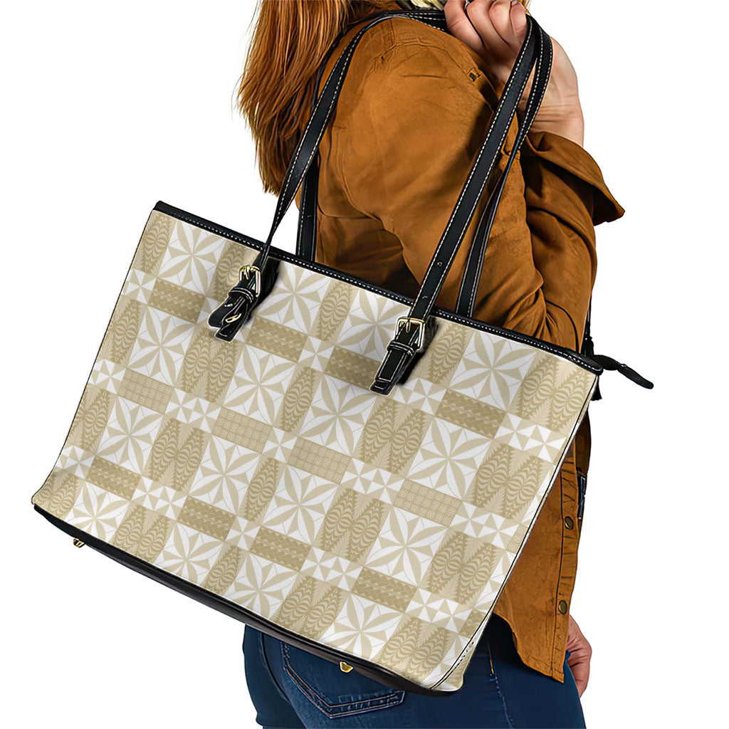 Beige Ngatu Pattern Malo e Lelei Tonga Leather Tote Bag