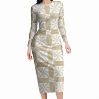 Beige Ngatu Pattern Malo e Lelei Tonga Long Sleeve Bodycon Dress
