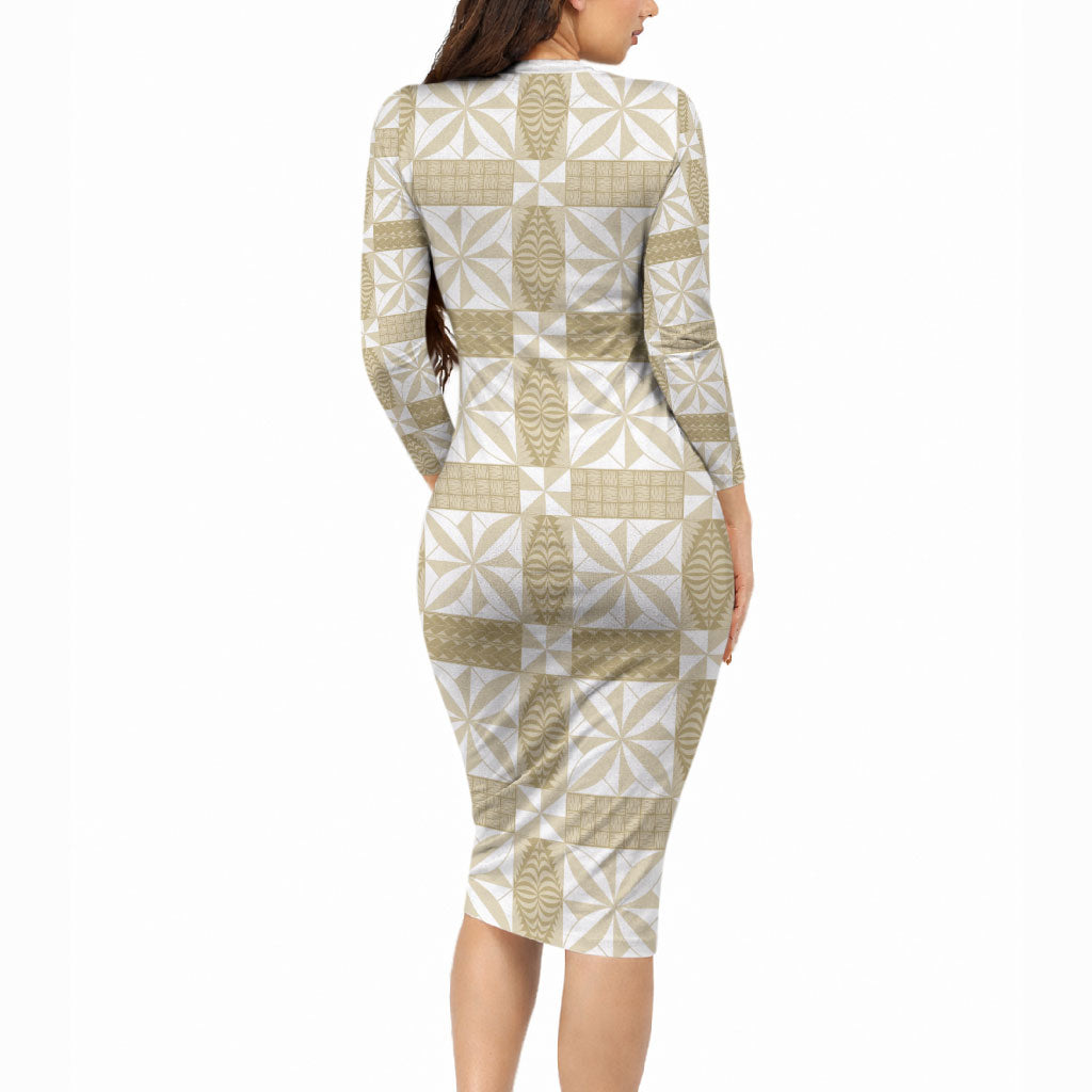 Beige Ngatu Pattern Malo e Lelei Tonga Long Sleeve Bodycon Dress