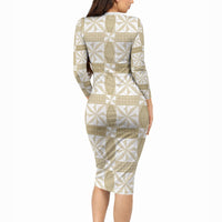 Beige Ngatu Pattern Malo e Lelei Tonga Long Sleeve Bodycon Dress