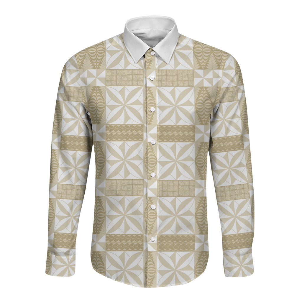 Beige Ngatu Pattern Malo e Lelei Tonga Long Sleeve Button Shirt