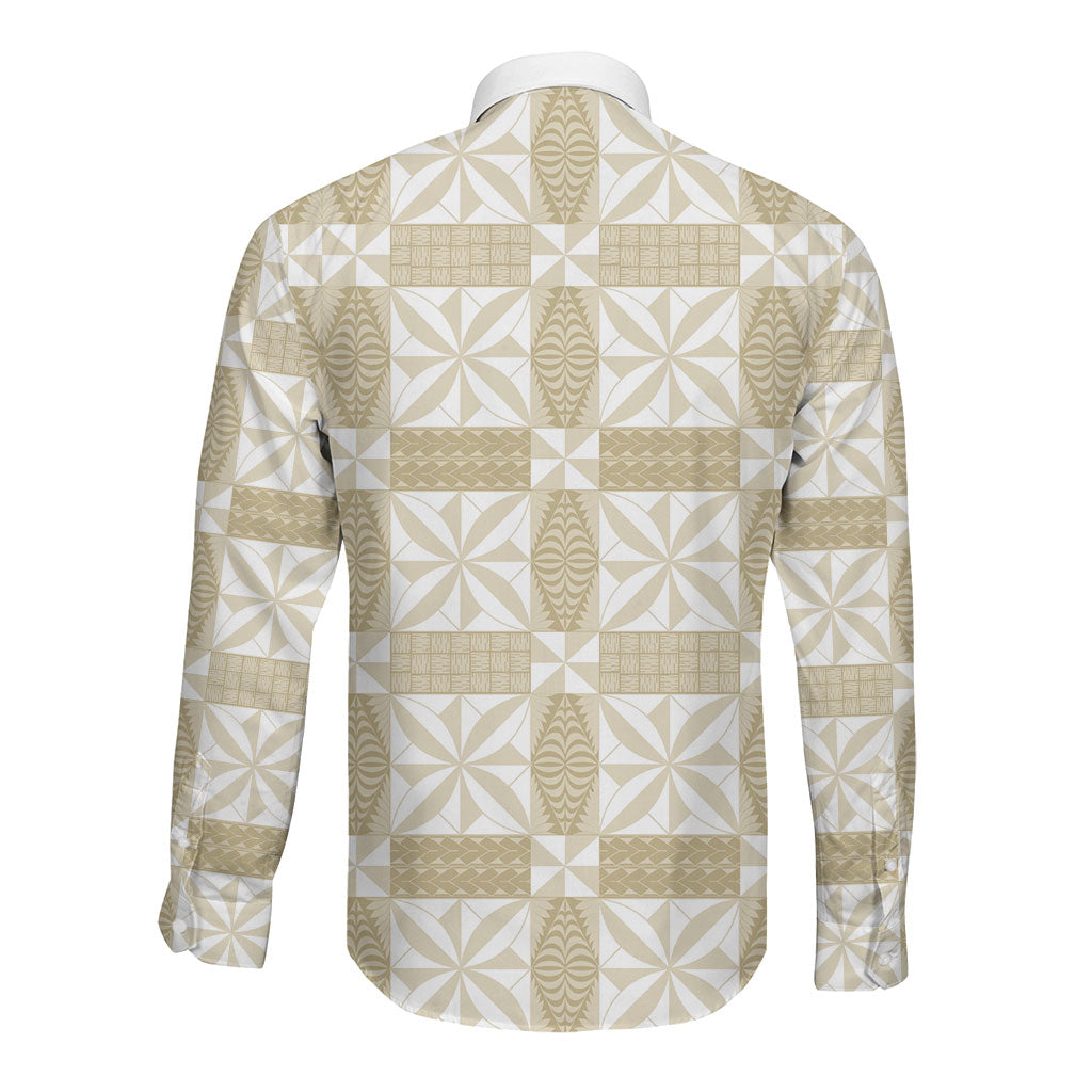 Beige Ngatu Pattern Malo e Lelei Tonga Long Sleeve Button Shirt