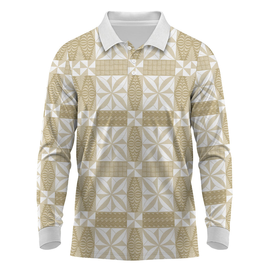 Beige Ngatu Pattern Malo e Lelei Tonga Long Sleeve Polo Shirt