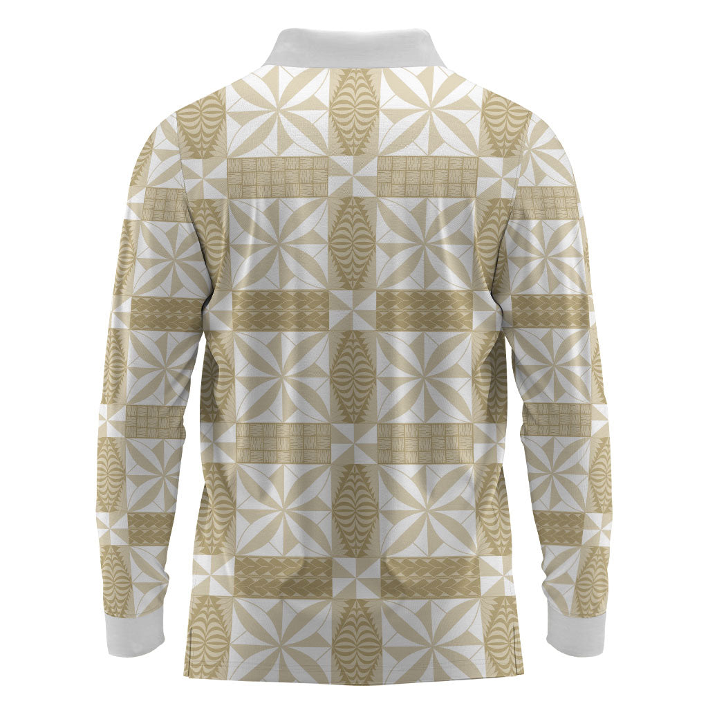 Beige Ngatu Pattern Malo e Lelei Tonga Long Sleeve Polo Shirt