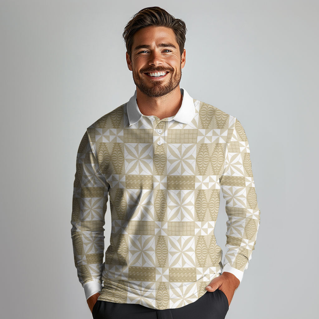 Beige Ngatu Pattern Malo e Lelei Tonga Long Sleeve Polo Shirt