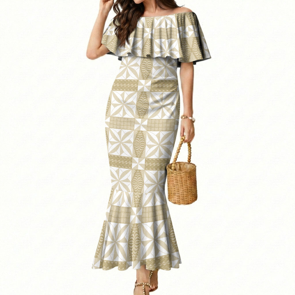 Beige Ngatu Pattern Malo e Lelei Tonga Mermaid Dress