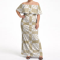Beige Ngatu Pattern Malo e Lelei Tonga Off Shoulder Maxi Dress