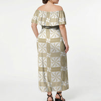Beige Ngatu Pattern Malo e Lelei Tonga Off Shoulder Maxi Dress