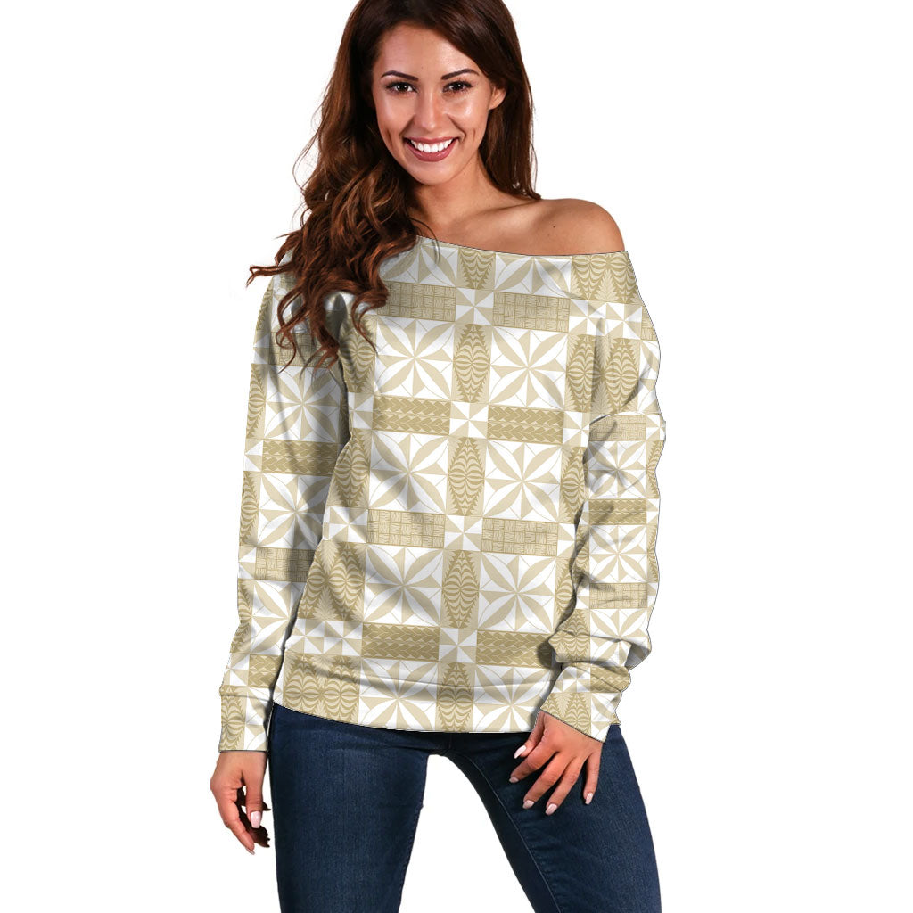 Beige Ngatu Pattern Malo e Lelei Tonga Off Shoulder Sweater