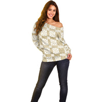 Beige Ngatu Pattern Malo e Lelei Tonga Off Shoulder Sweater