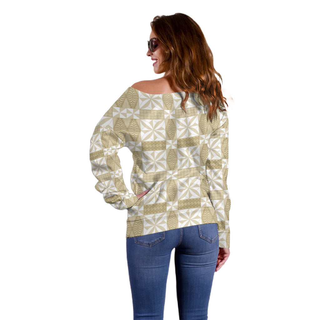 Beige Ngatu Pattern Malo e Lelei Tonga Off Shoulder Sweater