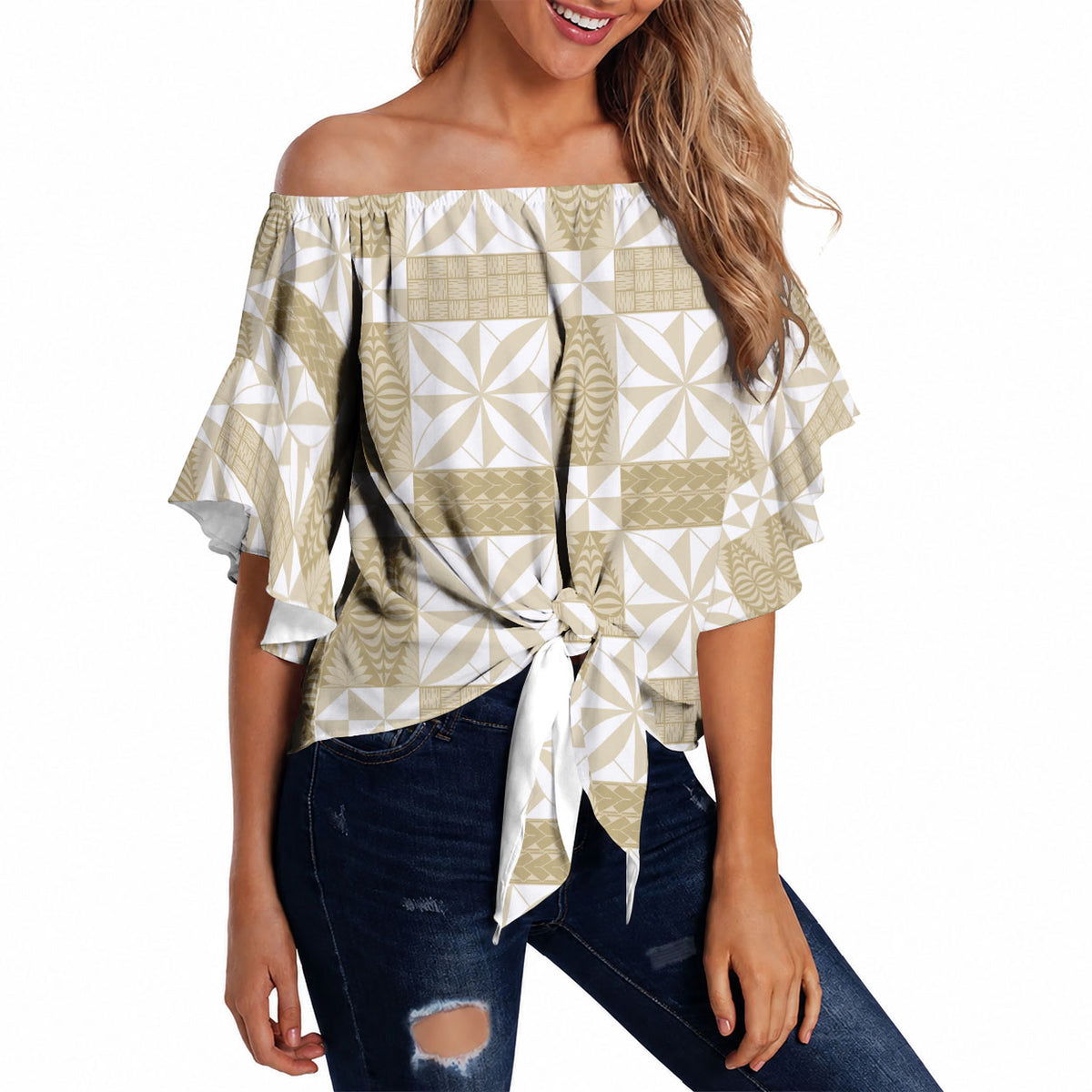 Beige Ngatu Pattern Malo e Lelei Tonga Off Shoulder Wrap Waist Top