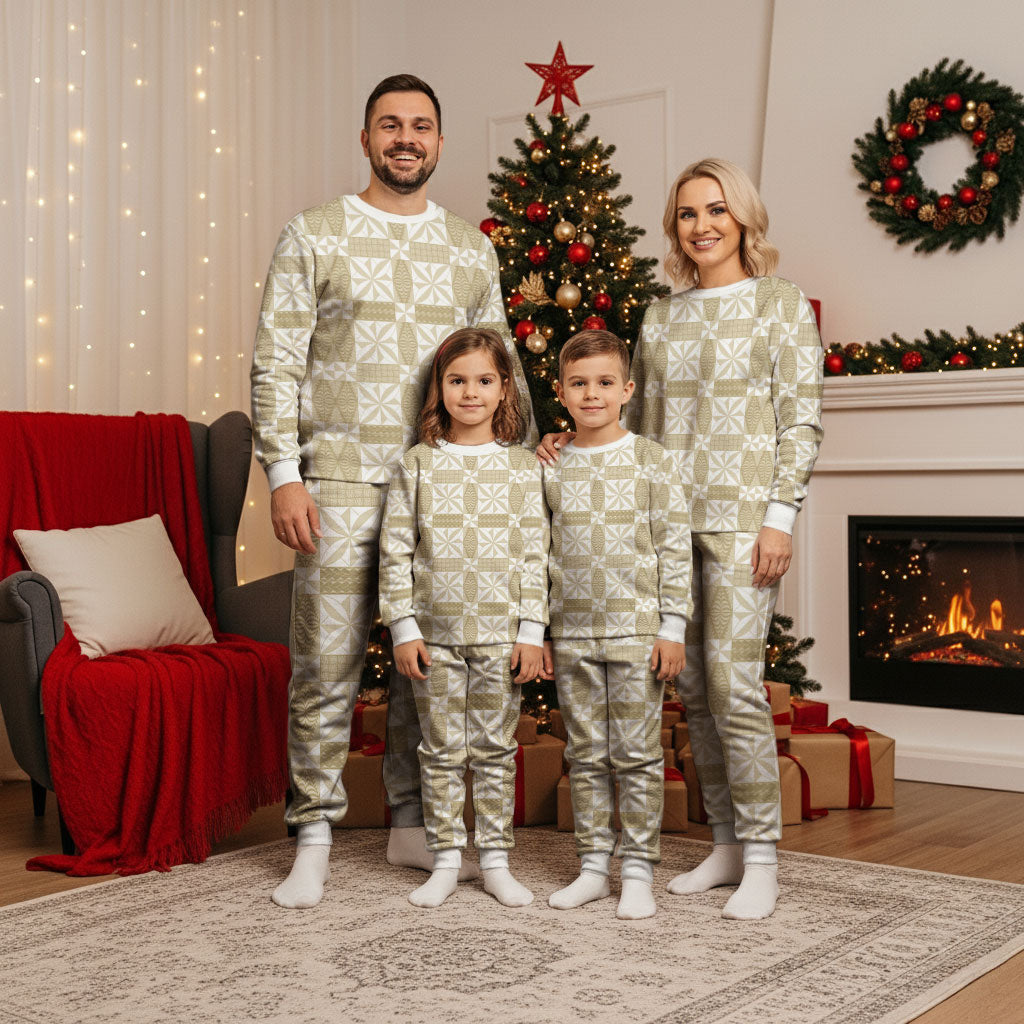 Beige Ngatu Pattern Malo e Lelei Tonga Christmas Pajama Set